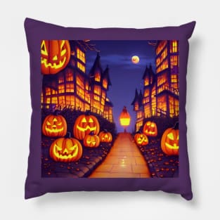 Different Types of Halloween Pumpkin Faces in the Horror Town Pillow