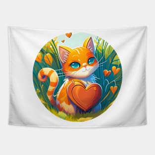 Cat Heart With Bright Eyed Orange Kitty In The Garden - Funny Cats Tapestry