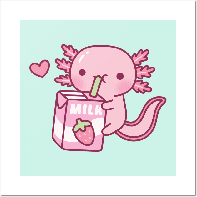 Cute Axolotl Drinking Strawberry Milk