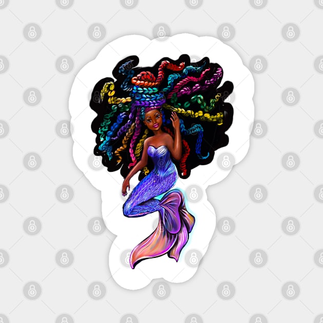 African American mermaid with flowing rainbow braids , brown eyes curly Afro hair and caramel brown skin Magnet by Artonmytee