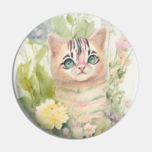 Striped Cat in the Flower Garden Soft Pastel Colors Pin