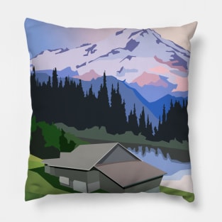 Living in countryside near lake and mountains Pillow