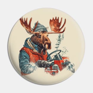 Winter Moose on Snow Plow Vintage Illustration Pin