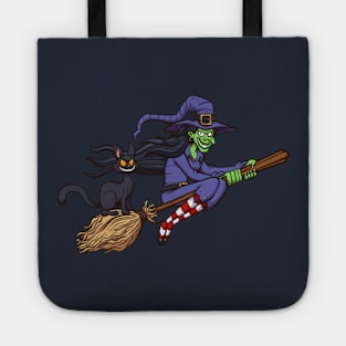 Cartoon Witch Flying On Her Broom Tote