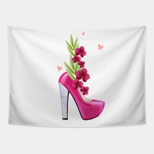 Womens Pink High Heels with Flowers for Women and Confident Girls Tapestry