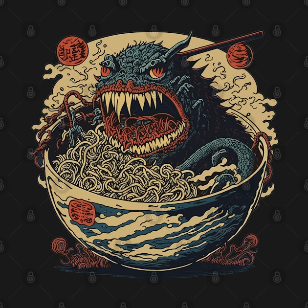 Hungry ramen monster in vintage Japanese style by arrowdesigns19