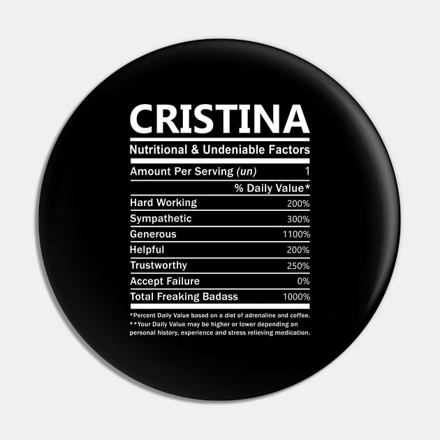 Cristina Name T Shirt - Cristina Nutritional and Undeniable Name Factors Gift Item Tee Pin by nikitak4um
