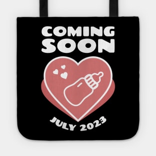 Coming soon. July 2023 birthday. Baby Announcement. Feeding Bottle Tote