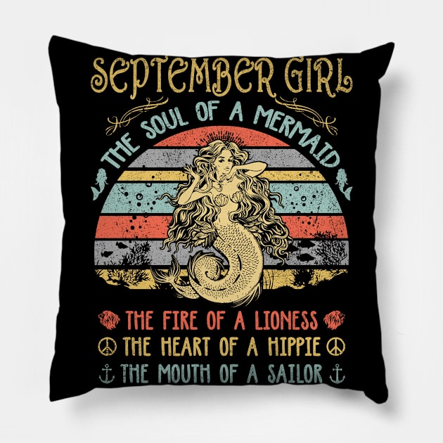 September Girl The Soul Of A Mermaid Vintage Birthday Gift Pillow by Presnall