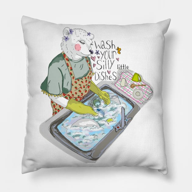 Wash your Silly Little Dishes Pillow by Animal Surrealism