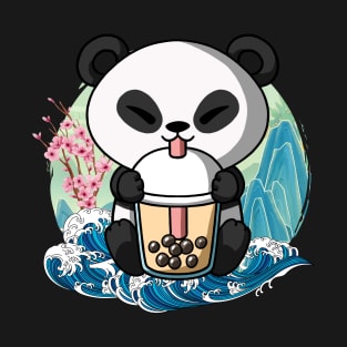 Boba Tea Panda Bear Japanese Great Wave Kanagawa T-Shirt