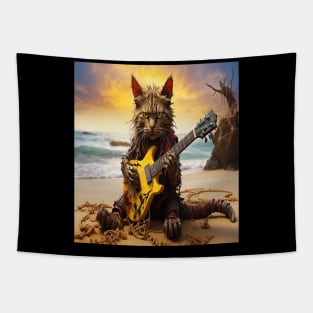 zombie cat playing guitar on beach Tapestry