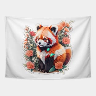 Red Panda With Flowers Tapestry