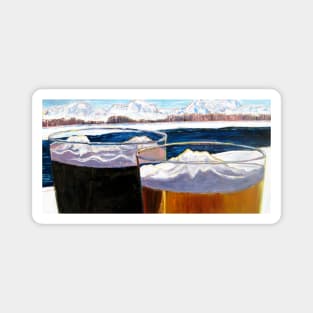 Beer Art Print of Pint Glasses and Alaska Mountains, Alaska Painting, Alaska Beer Gifts, Alaska Beer Wedding Gifts, Anniversary Beer Gifts Magnet