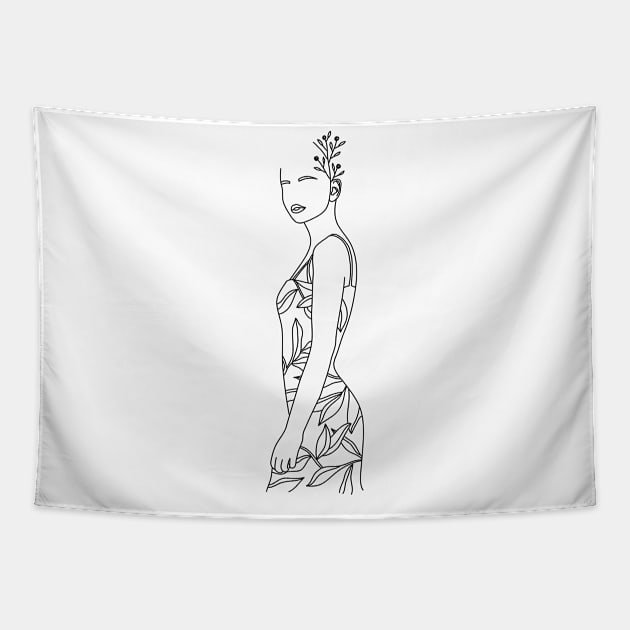 Woman Line Artwork Tapestry by MinimalLineARt