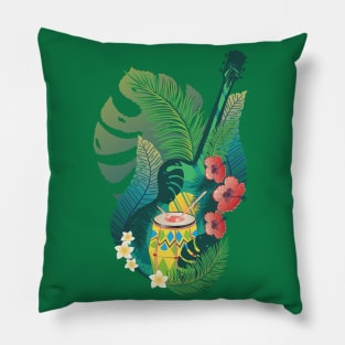 Retro guitar with drum and tropical leaves Pillow