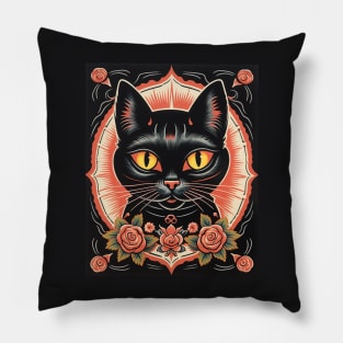 Vintage Retro Black Cat Roses Pillow