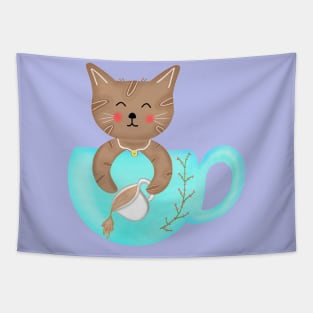 Cute little cat with coffee cup Tapestry