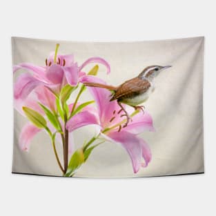 Pink Lilies and the Carolina Wren Tapestry