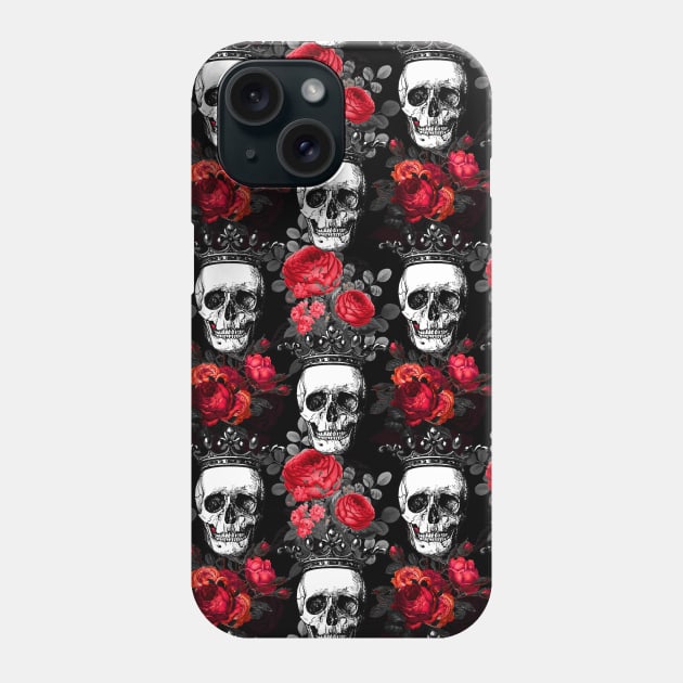 Skulls crowns and faded red roses on a dark black background Phone Case by pickledpossums