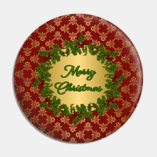 Merry Christmas Holly Branch Wreath Design Pin