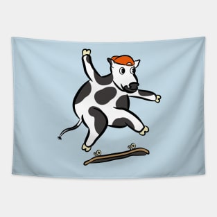 Cartoon cow doing a kickflip skating gnarly Tapestry