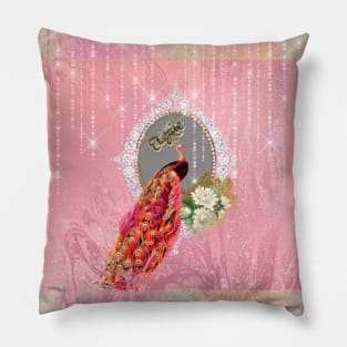 Elegant peacock with flowers in soft colors Pillow