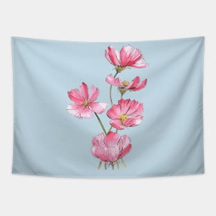 Pink Cosmos Flowers Watercolor Painting Tapestry