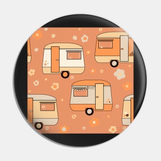 Repeat pattern of cute vintage caravans in retro colours on orange Pin