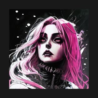 The Art of Minimalism: Exploring Black and White Anime Girl Masterpieces Gothic Goth Fashion Dark Pink Hair T-Shirt