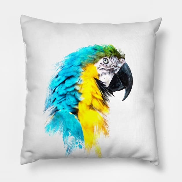 Dramabite Watercolor blue yellow macaw ara parrot artsy artistic painting Pillow by dramabite