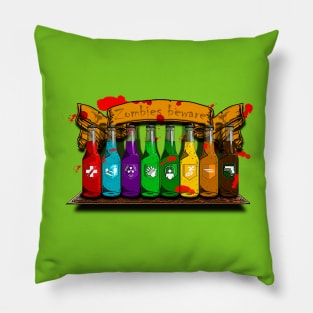 Zombie Perks Top Shelf Zombies Beware on Lime Green Pillow