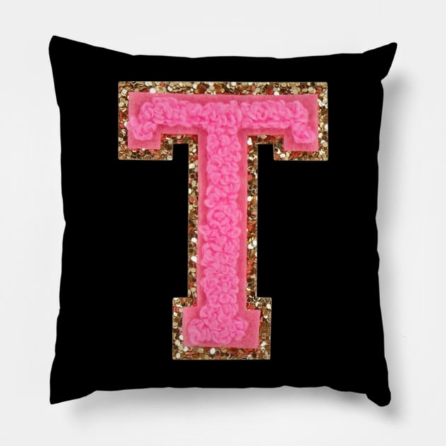 T - Bubblegum Glitter Varsity Letter Patches Pillow by Ramagarma