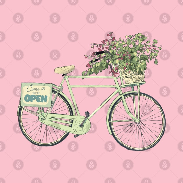 Pretty pastel green bicycle with a basket of flowers by Mimie20