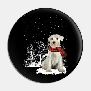 Christmas Miniature Schnauzer With Scarf In Winter Forest Pin