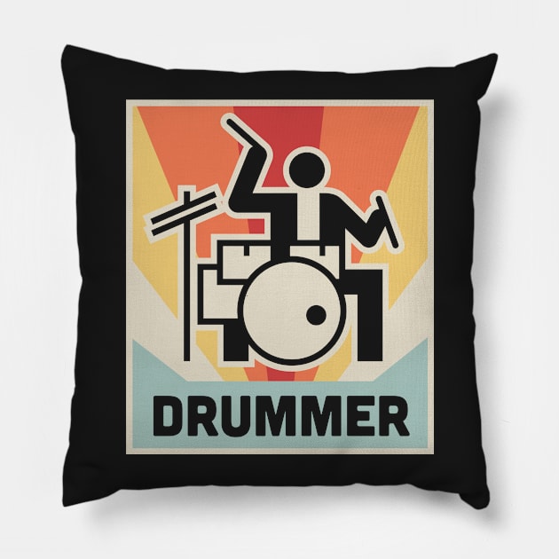 Vintage 70s Drummer Design Pillow by MeatMan