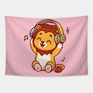 Cute Lion Listening Music With Headphone Cartoon Tapestry