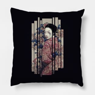 Beautiful japanese geisha with flowers Pillow