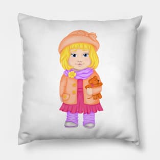 Baby girl in hat and spring clothes with a toy. Spring print Pillow