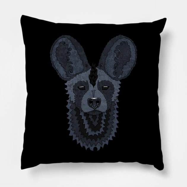 African Wild Dog - Blue Pillow by pelibeli