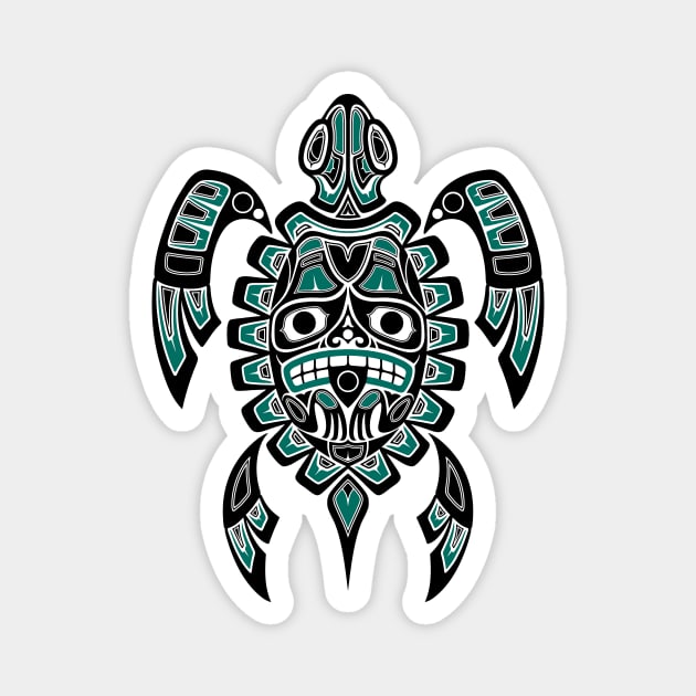 Teal Blue and Black Haida Spirit Sea Turtle Magnet by jeffbartels