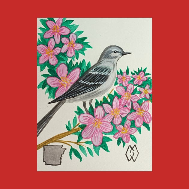 Arkansas state bird and flower, the mockingbird and apple blossom by Matt Starr Fine Art