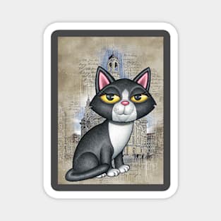 Cute black and white kitty in front of old church sketch Magnet