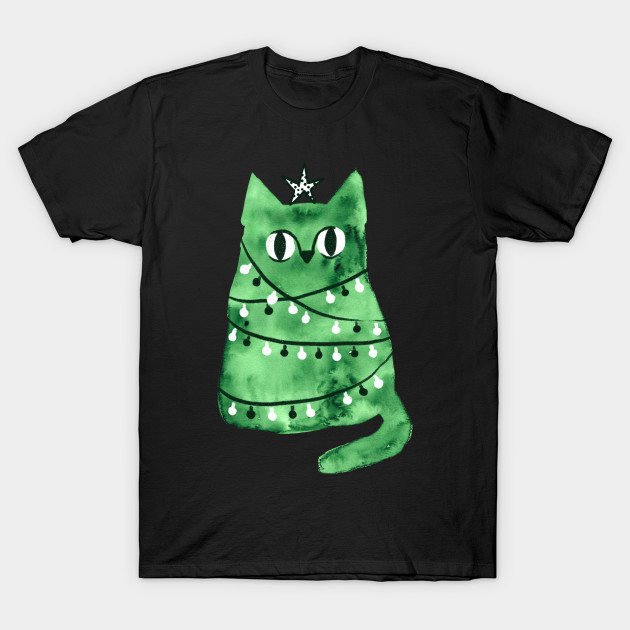 Watercolor Green Christmas Cat Christmas Cat T Shirt Teepublic