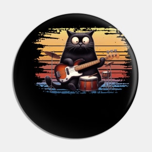 Retro Kitten Rock Band Cat Playing Drums and Guitar Pin