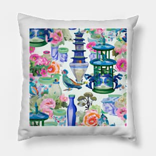 Pagodas and flowers chinoiserie still life Pillow