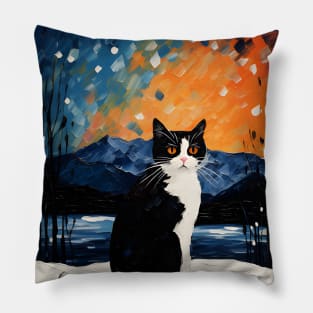 Texedo Cat Christmas Starry Night Pillow