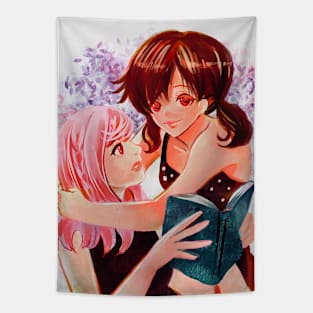 Two girl hugging pastel color yuri lesbian manga style Tapestry