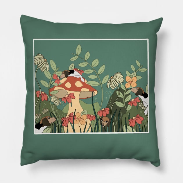 Mushroom Beagle Garden Version Two Pillow by  Lady Roper Designs