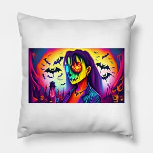 Lovely couple celebrating Halloween in a pumpkin patch Pillow